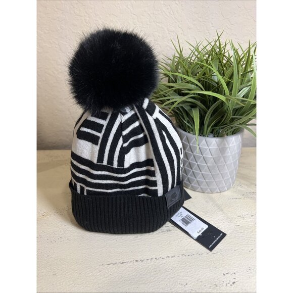 Karl Lagerfeld Paris Women\'s Pom Pom Faux Fur Trim Beanie Hat OSFA Black/White